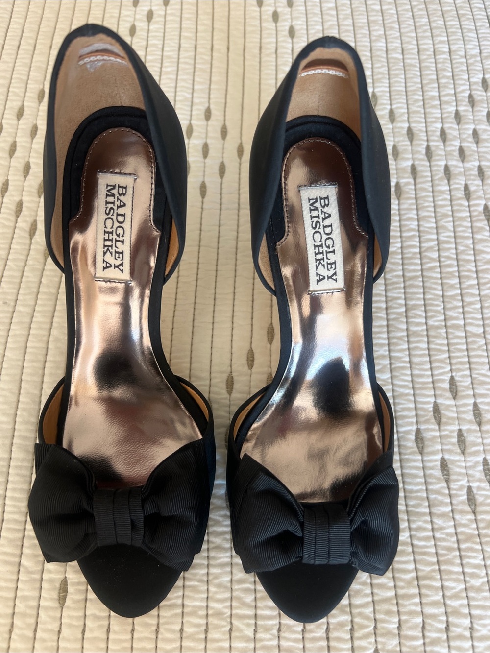 Badgley Mischka Black Satin Bow Peep-Toe Heels